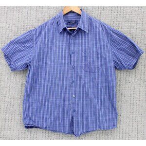 Woodys Retro Lounge Shirt Mens XL Blue Plaid Button Down Short Sleeve Collared